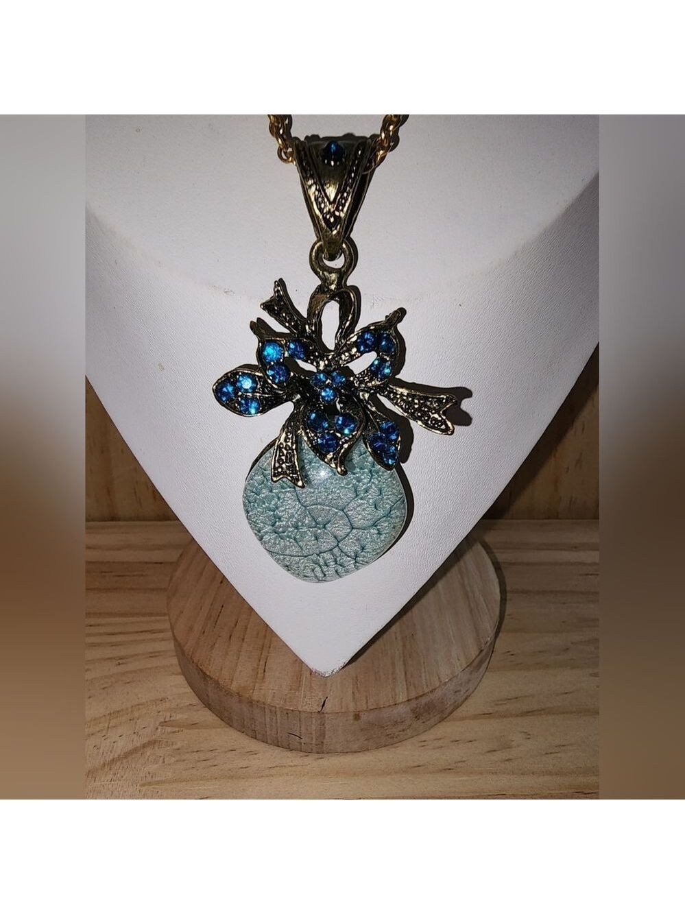 Elegant Blue and Gold Pendant Necklace 17" Marked India